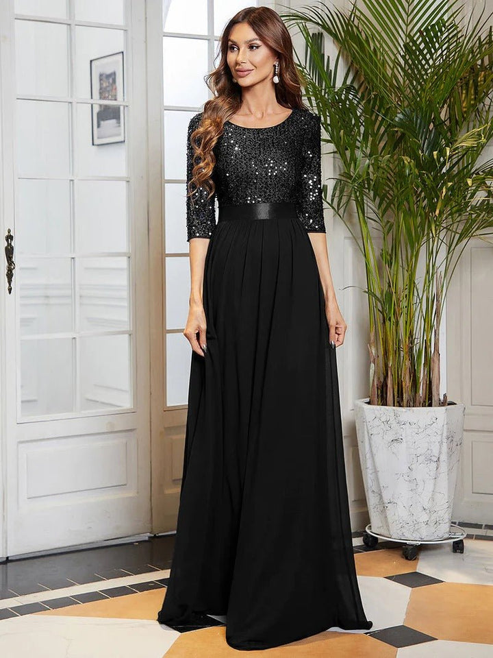 Elegant Round Neckline Sequins Patchwork Evening Dress - CALABRO®