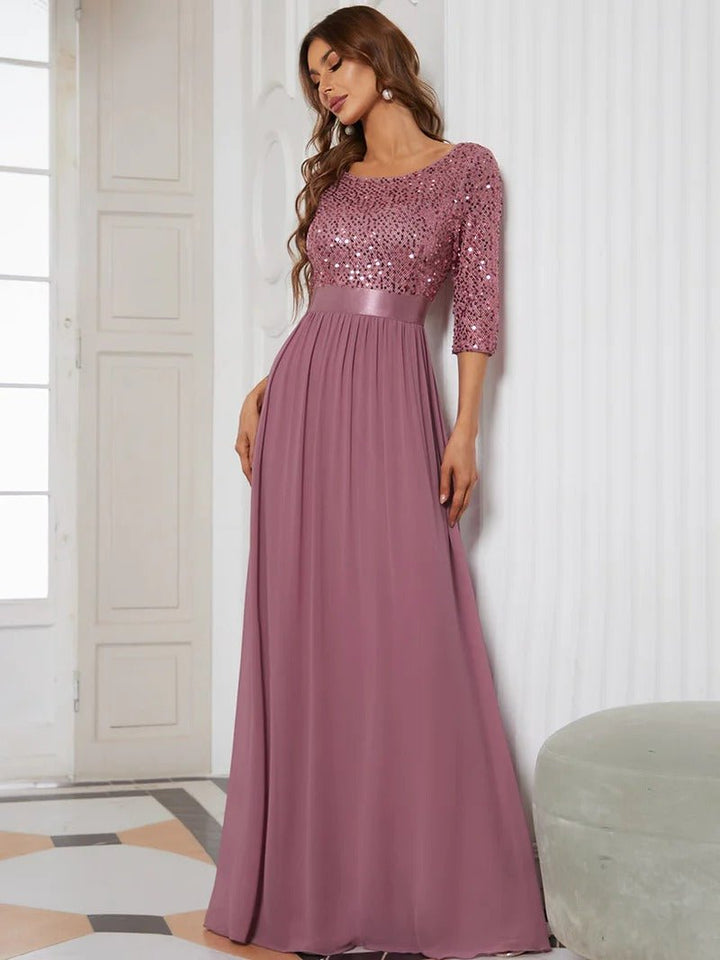 Elegant Round Neckline Sequins Patchwork Evening Dress - CALABRO®