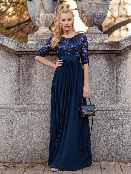 Elegant Round Neckline Sequins Patchwork Evening Dress