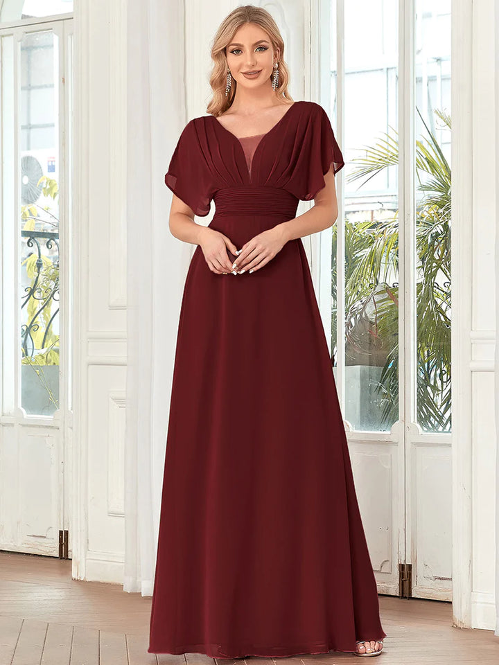 V-Neck Flowy Sleeve Straight Evening Dress - CALABRO®