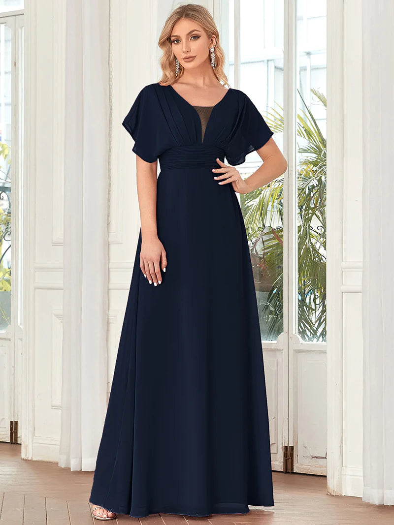 V-Neck Flowy Sleeve Straight Evening Dress - CALABRO®