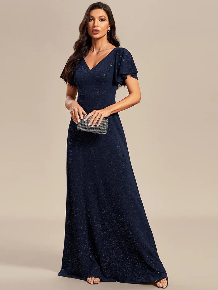 Floor Length Shiny Evening Dresses With Ruffle Sleeves - CALABRO®