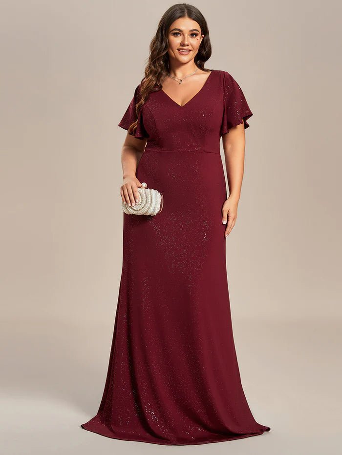 Floor Length Shiny Evening Dresses With Ruffle Sleeves - CALABRO®