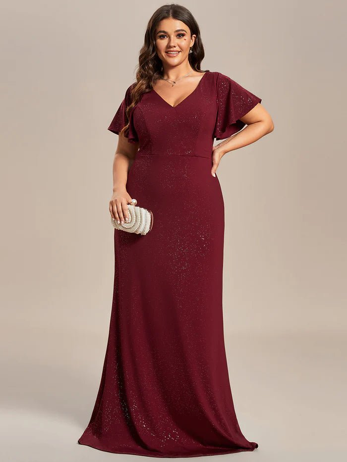 Floor Length Shiny Evening Dresses With Ruffle Sleeves - CALABRO®