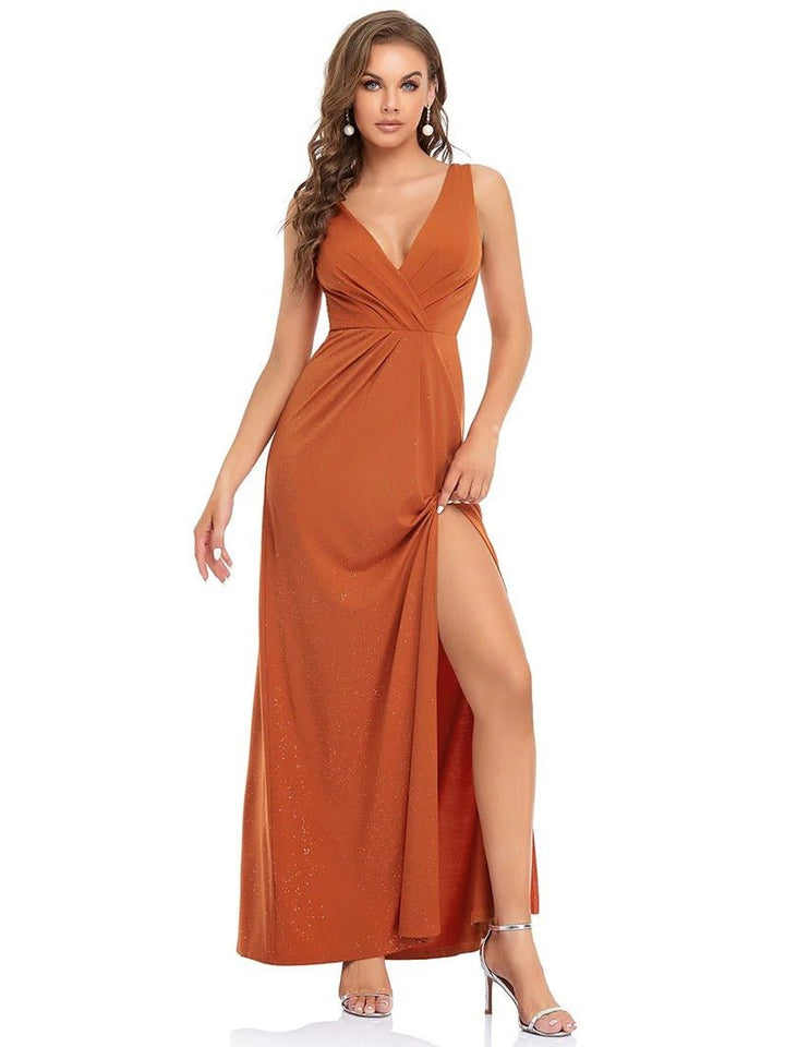 Floor Length V Neck Shimmery Evening Dresses With Side Split - CALABRO®