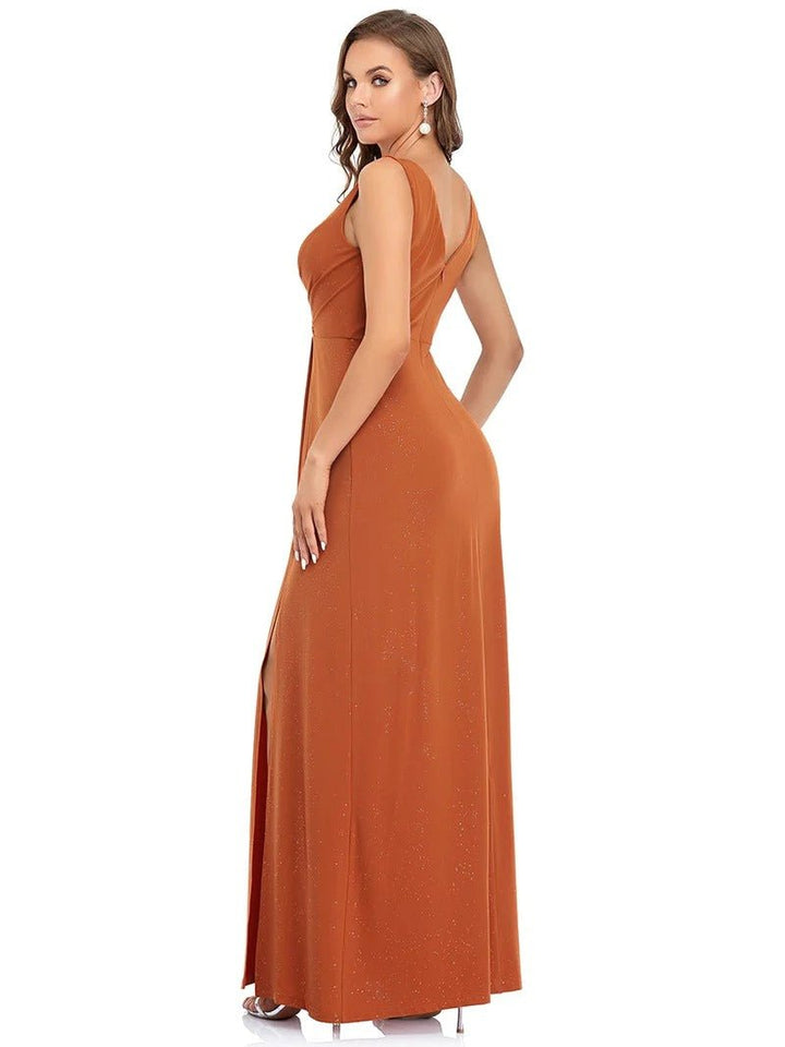 Floor Length V Neck Shimmery Evening Dresses With Side Split - CALABRO®