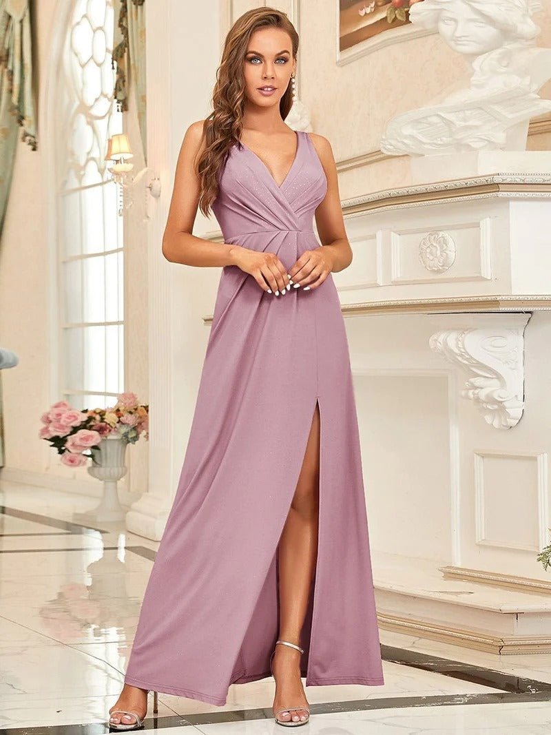 Floor Length V Neck Shimmery Evening Dresses With Side Split - CALABRO®