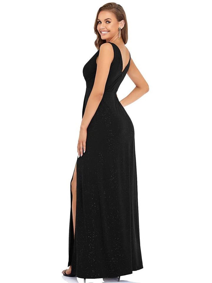 Floor Length V Neck Shimmery Evening Dresses With Side Split - CALABRO®