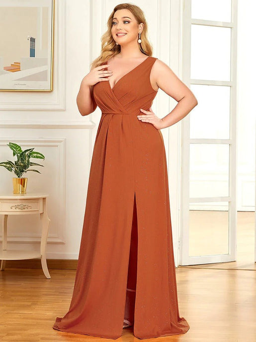 Floor Length V Neck Shimmery Plus Size Evening Dresses Online