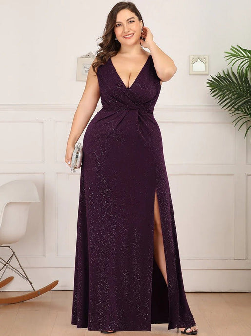 Floor Length V Neck Shimmery Plus Size Evening Dresses Online