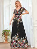 Floral Print V-Neck Butterfly Sleeve Evening Dress - CALABRO®