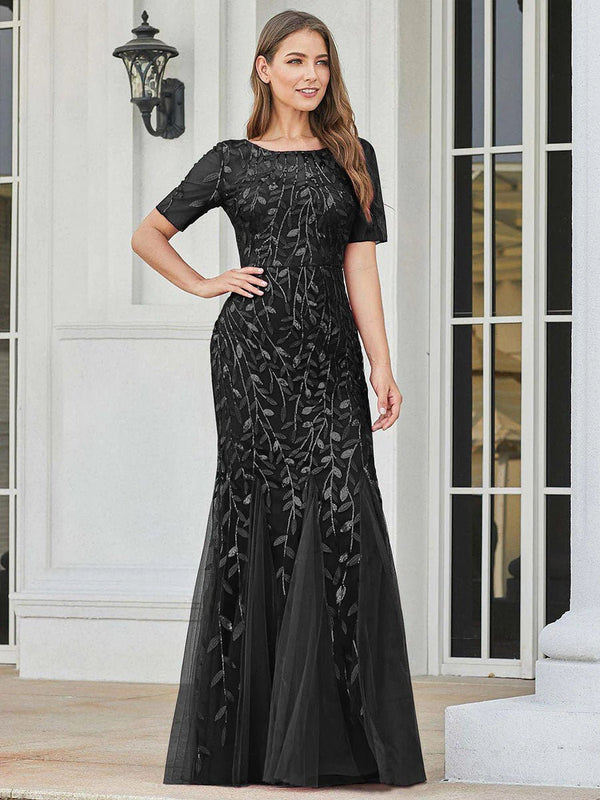 Floral Sequin Print Maxi Long Fishtail Tulle Formal Dress with Half Sleeve Online Fashion Shopping
