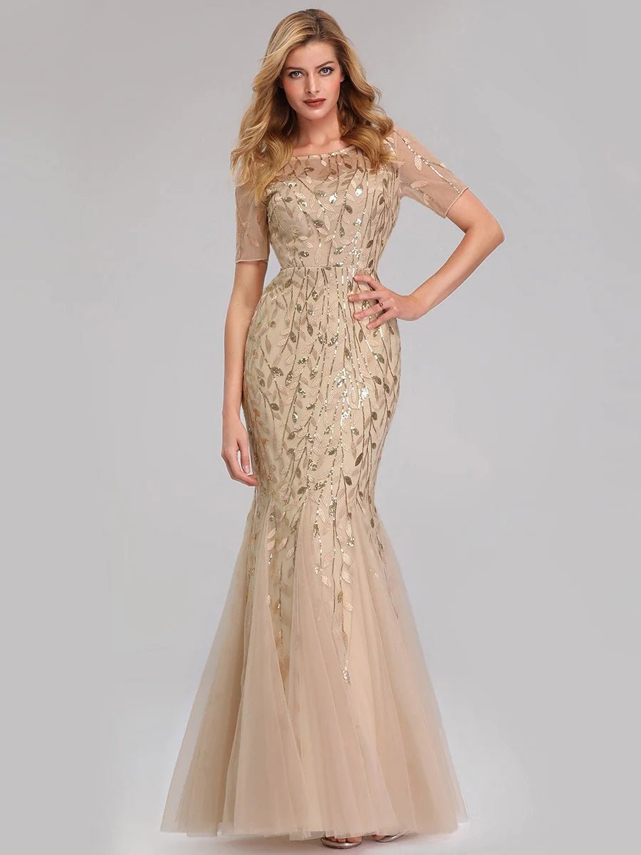 Floral Sequin Print Maxi Long Fishtail Tulle Formal Dresses with Half Sleeve - CALABRO®