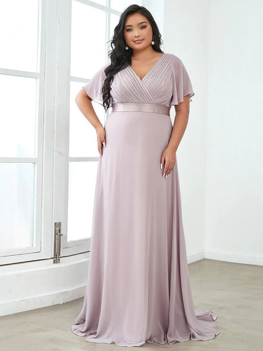 Glamorous Double V Neck Ruffles Padded Plus Size Evening Dresses