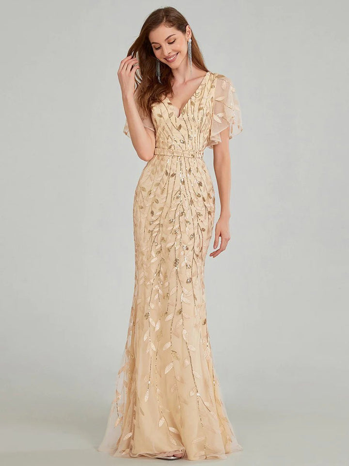 Gorgeous V Neck Leaf-Sequined Fishtail Party Formal Dress - CALABRO®
