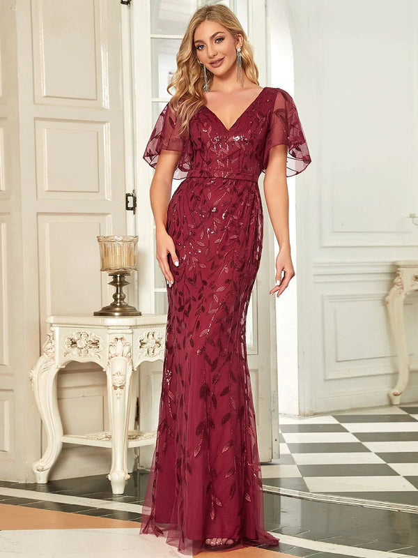 Gorgeous V Neck Leaf Sequined Fishtail Party Formal Dress CALABRO