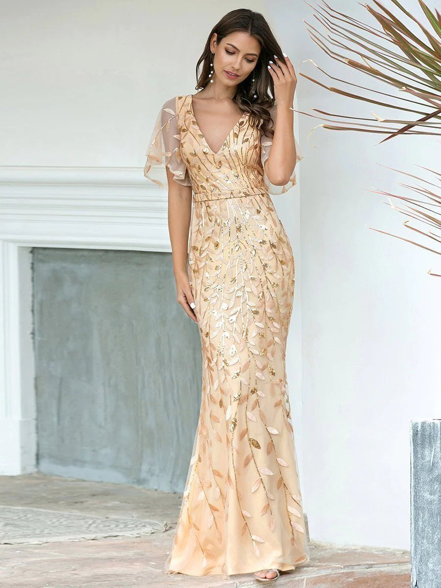 Gorgeous V Neck Leaf-Sequined Fishtail Party Formal Dress - CALABRO®