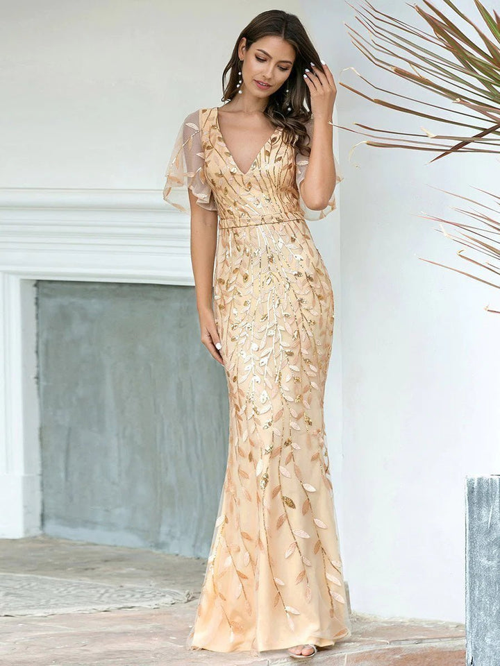 Gorgeous V Neck Leaf-Sequined Fishtail Party Formal Dress - CALABRO®