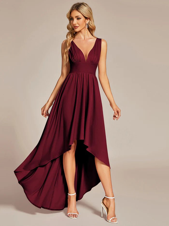 High Low Deep V Neck Sleeveless Bridesmaid Dresses - CALABRO®