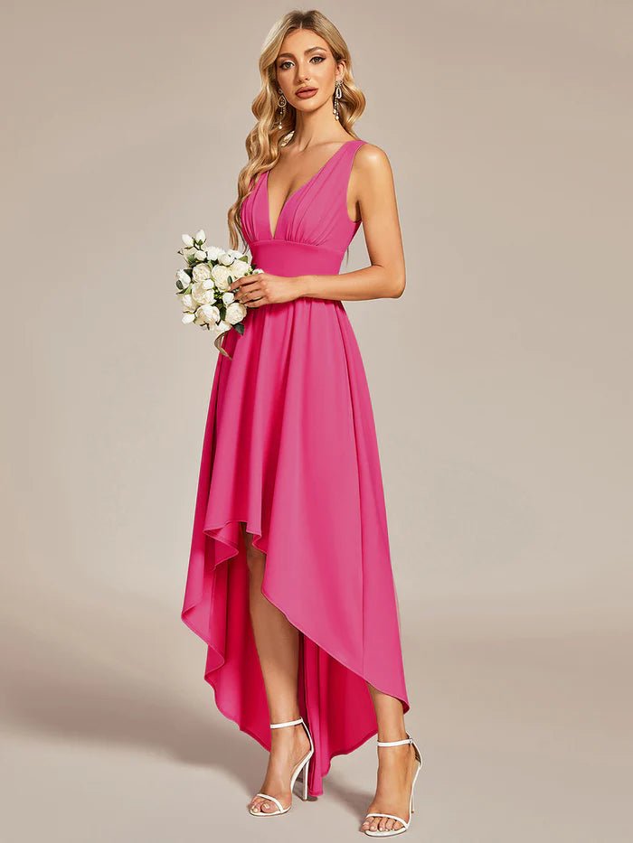 High Low Deep V Neck Sleeveless Bridesmaid Dresses - CALABRO®