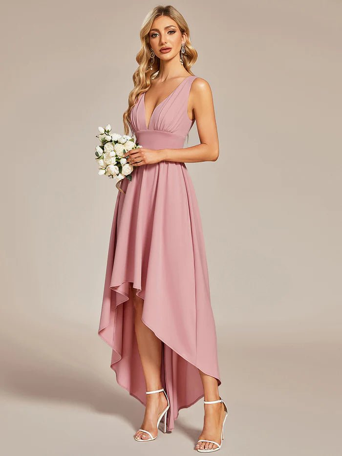 High Low Deep V Neck Sleeveless Bridesmaid Dresses - CALABRO®