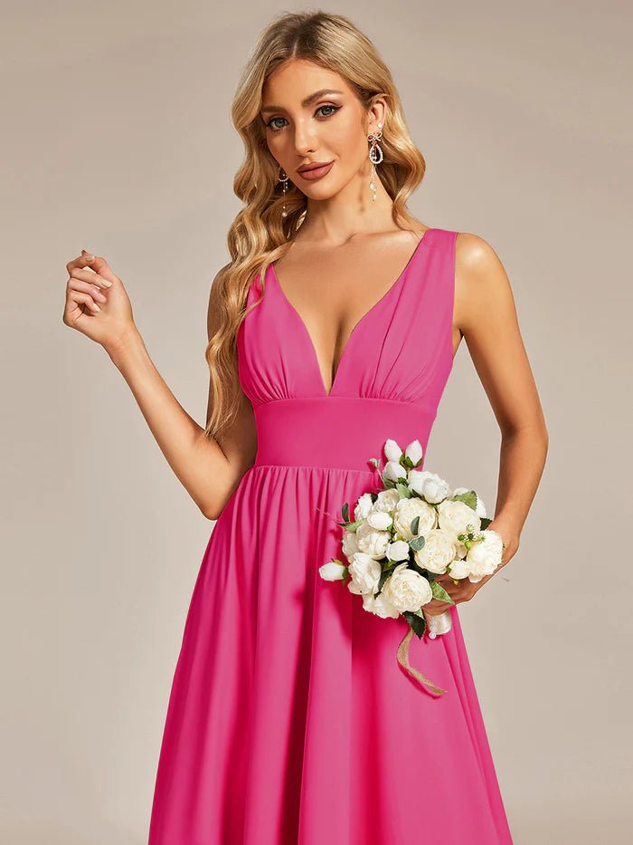 High Low Deep V Neck Sleeveless Bridesmaid Dresses - CALABRO®