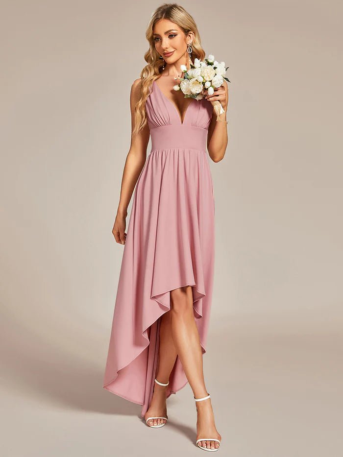 High Low Deep V Neck Sleeveless Bridesmaid Dresses - CALABRO®