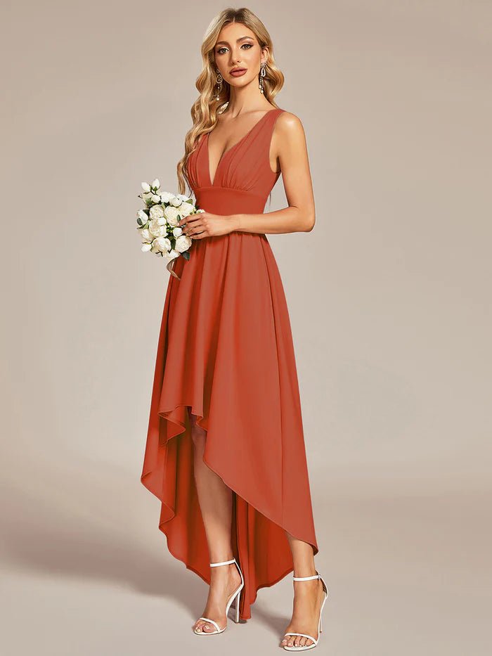 High Low Deep V Neck Sleeveless Bridesmaid Dresses - CALABRO®