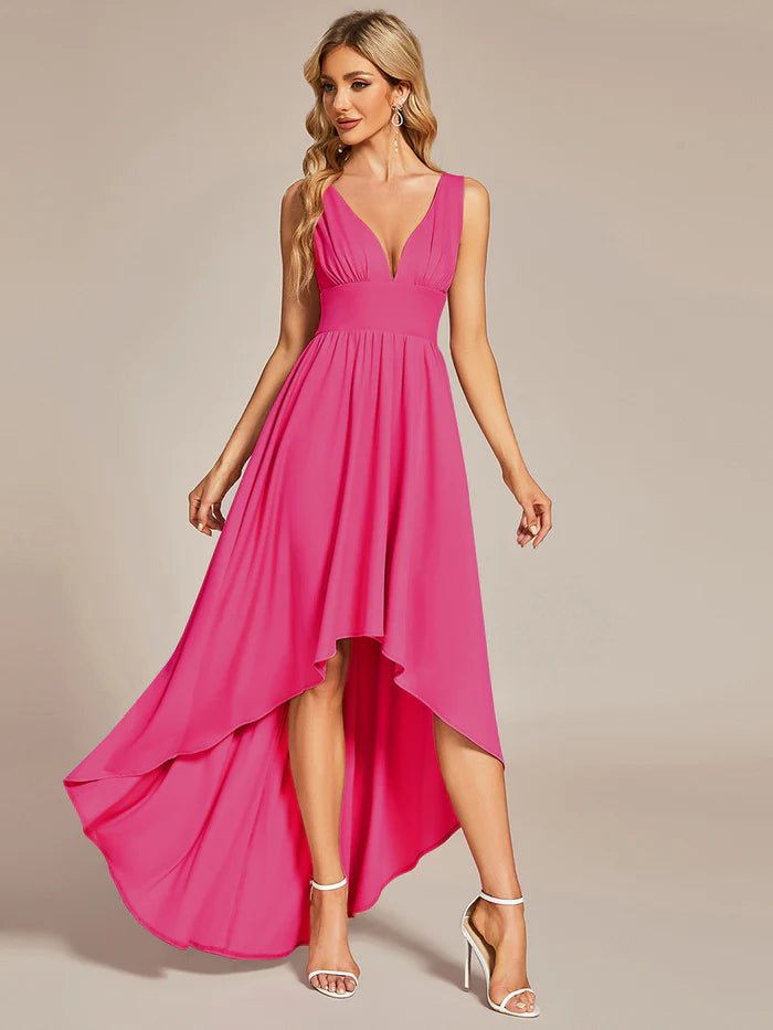 High Low Deep V Neck Sleeveless Bridesmaid Dresses - CALABRO®