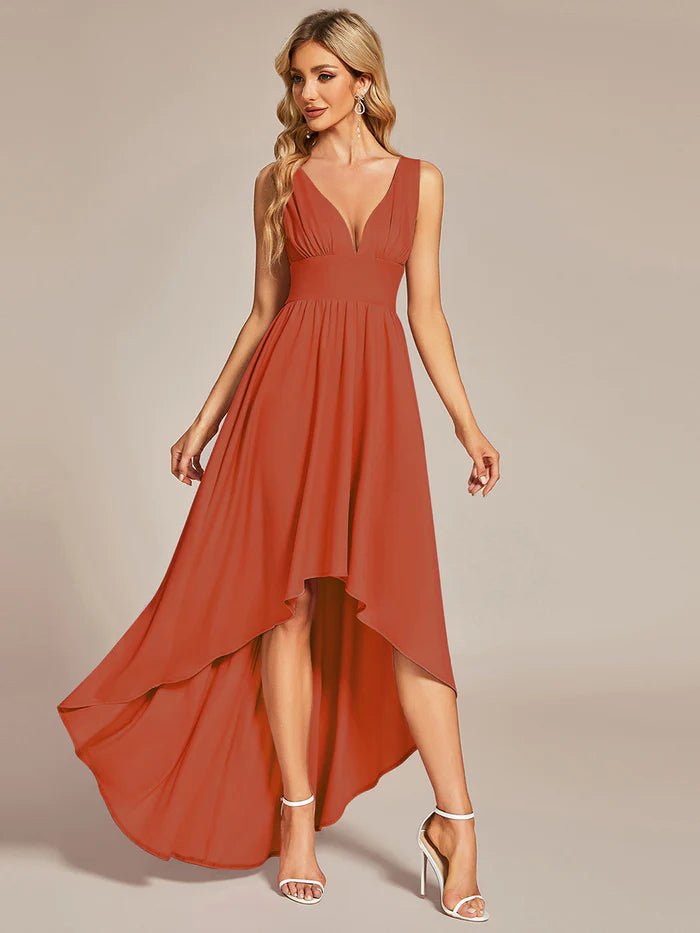 High Low Deep V Neck Sleeveless Bridesmaid Dresses - CALABRO®