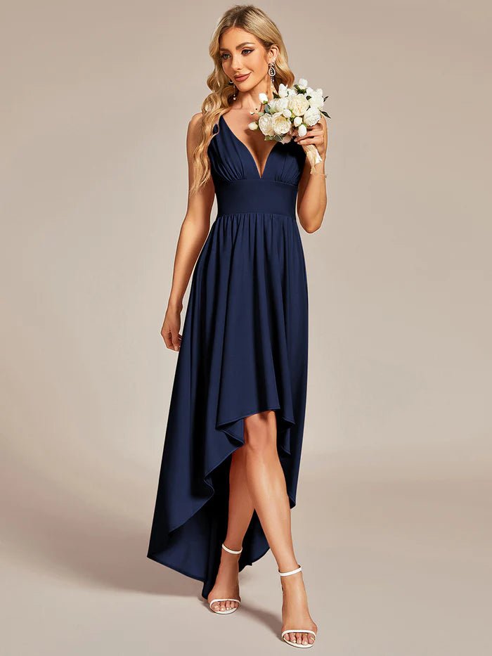 High Low Deep V Neck Sleeveless Bridesmaid Dresses - CALABRO®