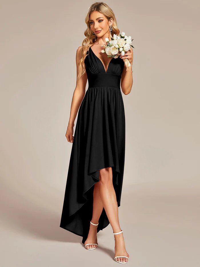 High Low Deep V Neck Sleeveless Bridesmaid Dresses - CALABRO®