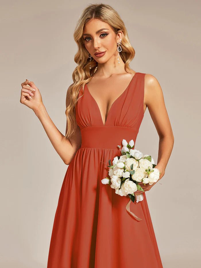 High Low Deep V Neck Sleeveless Bridesmaid Dresses - CALABRO®