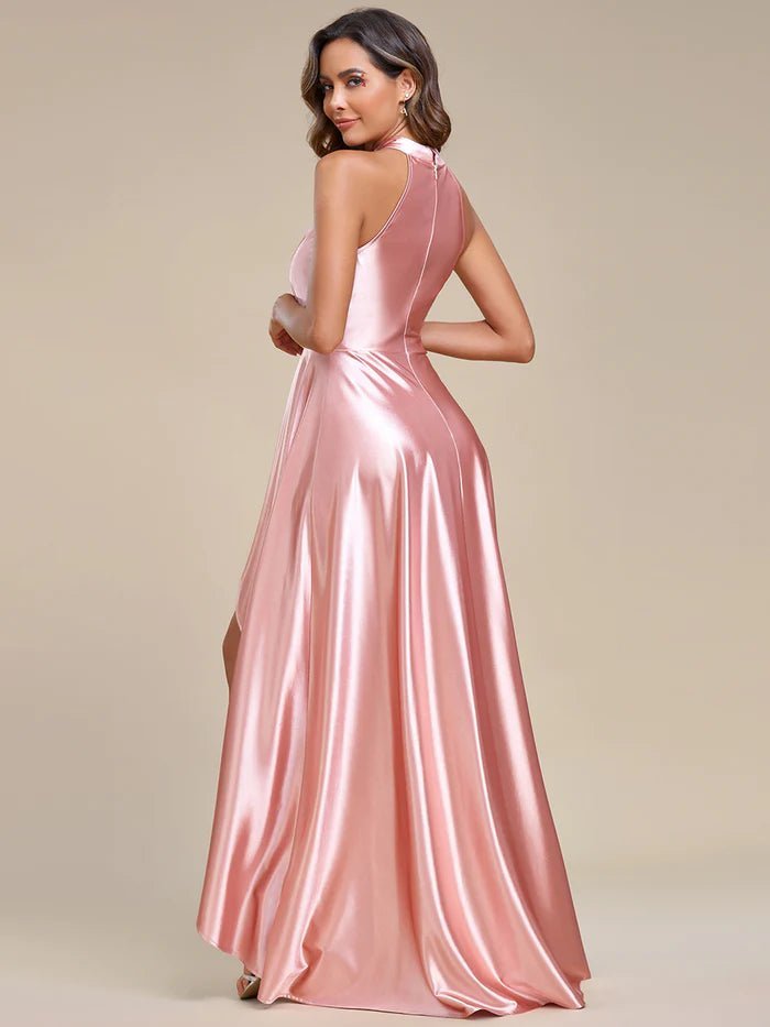 High Low Halter Neck Stain Bridesmaid Dresses - CALABRO®