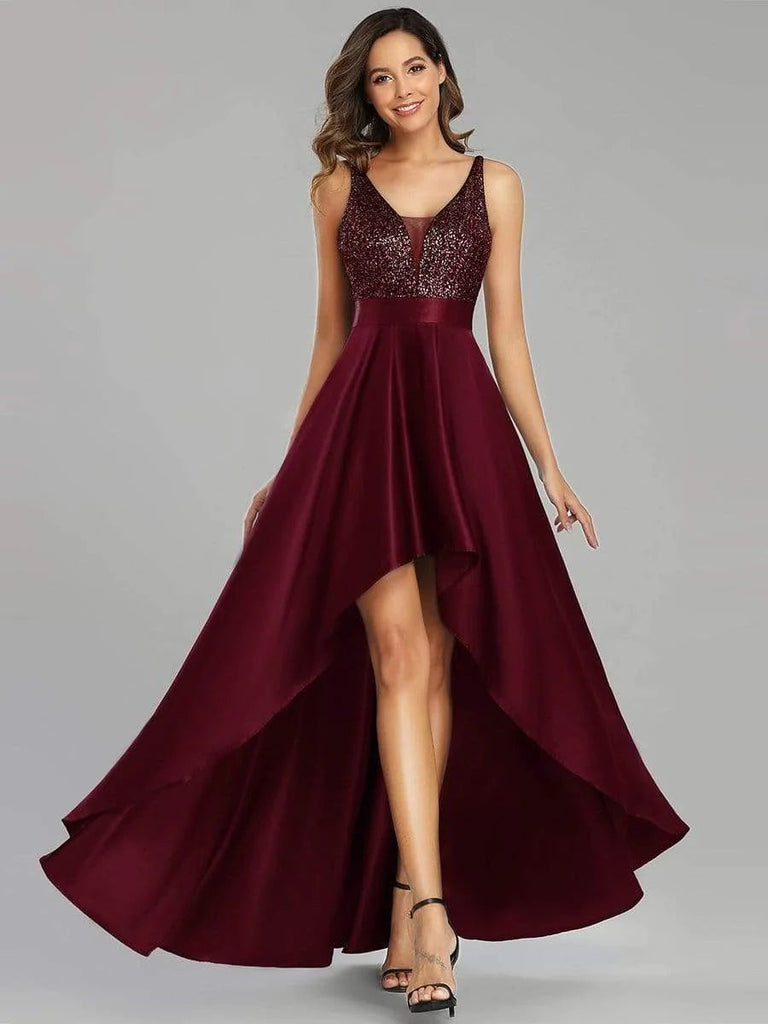 High Low Sequin Top Satin Formal Dress