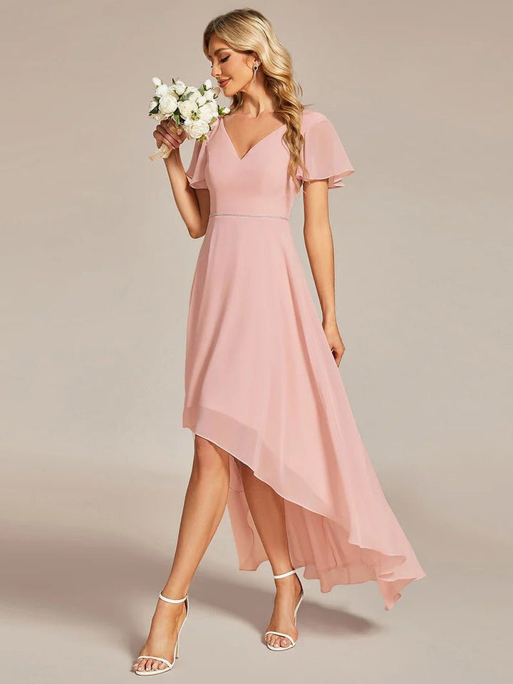 High Low Short Sleeve Chiffon Evening Dresses - CALABRO®