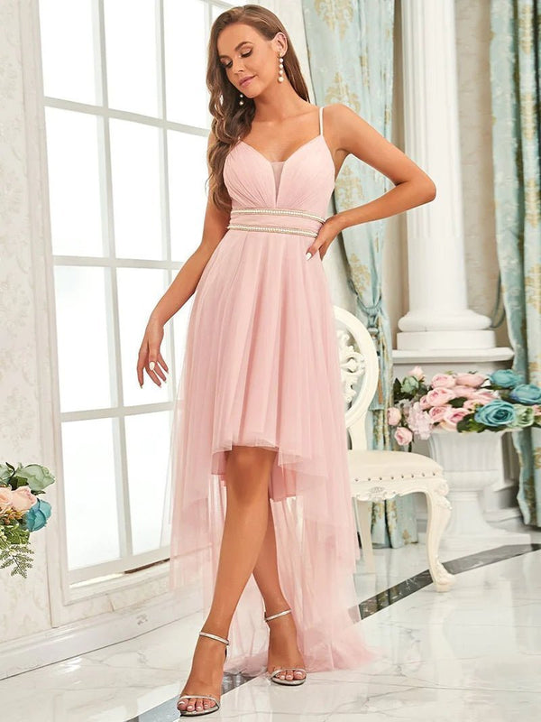 High-Low Tulle Plunging Neckline Formal Dress - CALABRO®