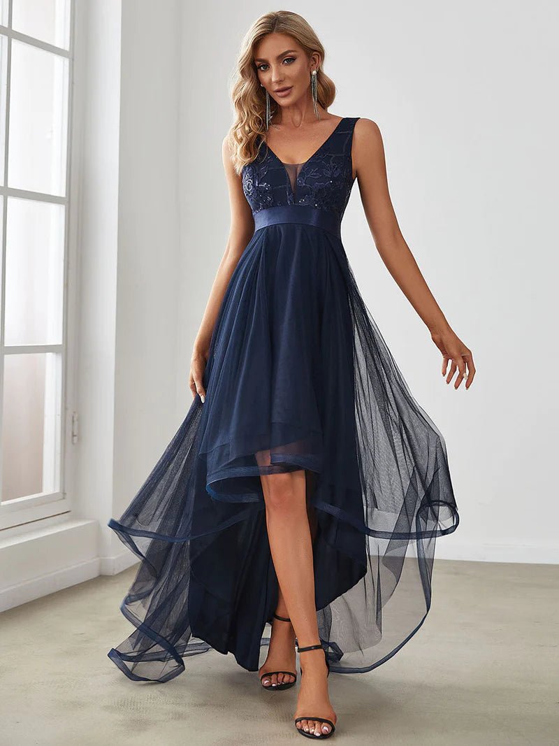 High-Low Tulle Sequin Detail Formal Dress - CALABRO®