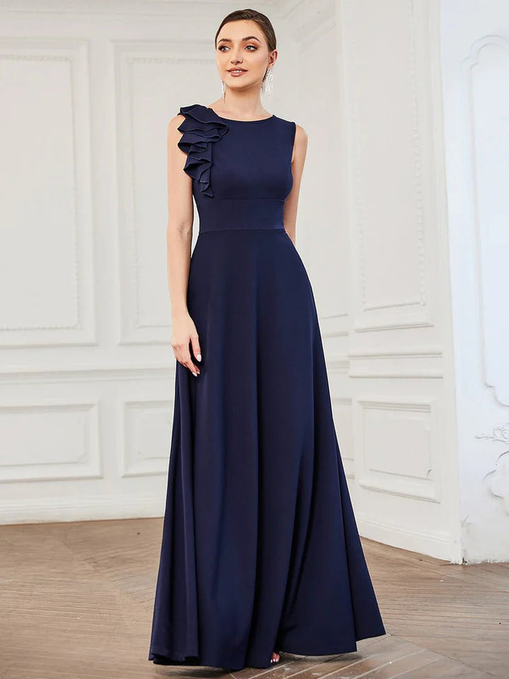 High Neck Ruffle Detail Fitted Evening Dress - CALABRO®