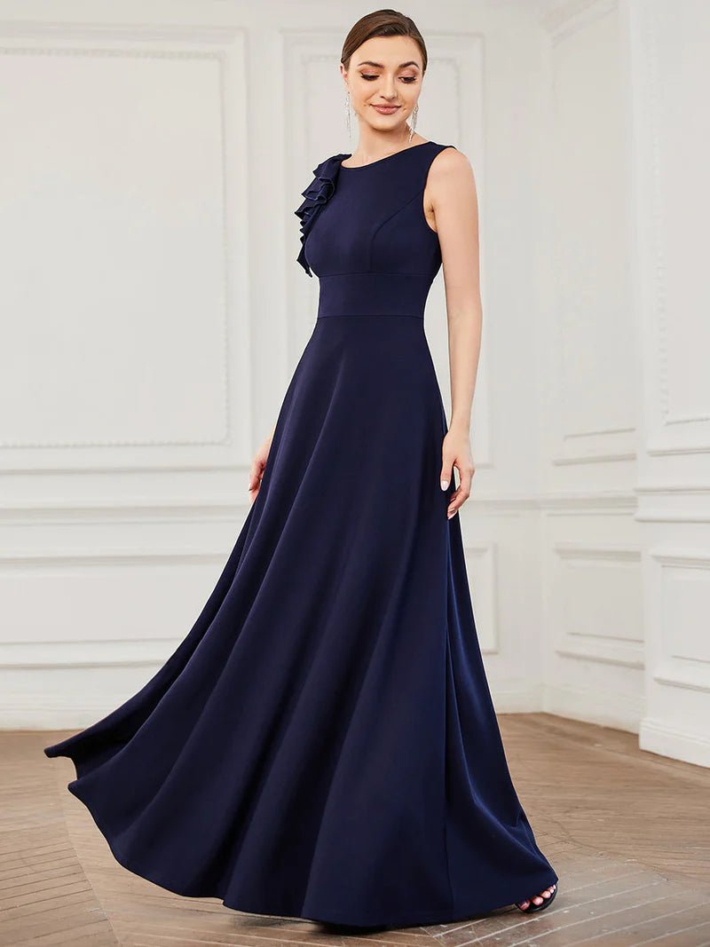 High Neck Ruffle Detail Fitted Evening Dress - CALABRO®