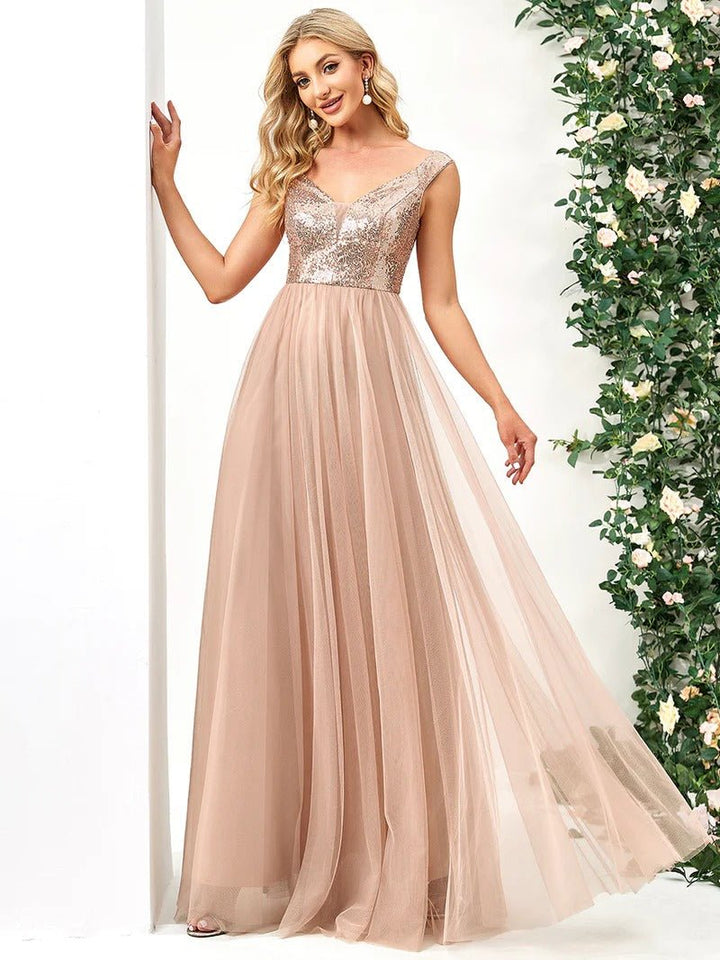 High Waist Tulle & Sequin Sleeveless Evening Dress - CALABRO®