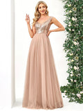 High Waist Tulle & Sequin Sleeveless Evening Dress - CALABRO®