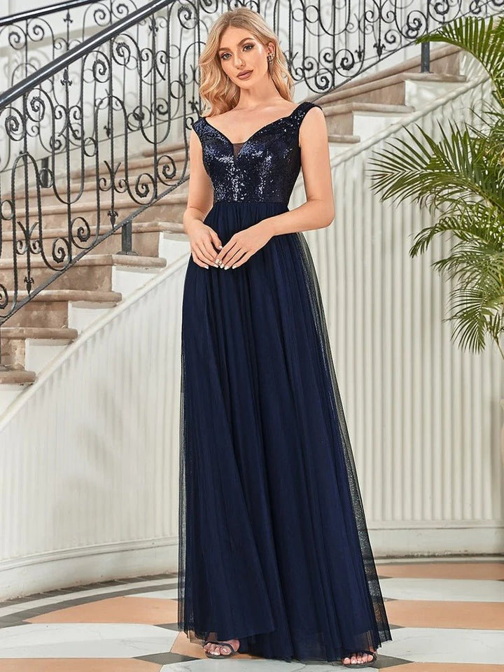 High Waist Tulle & Sequin Sleeveless Evening Dress - CALABRO®