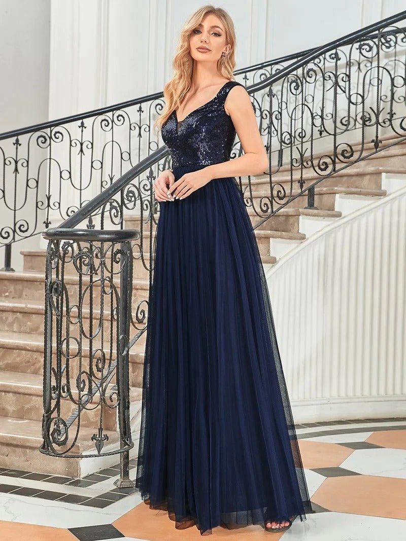 High Waist Tulle & Sequin Sleeveless Evening Dress - CALABRO®