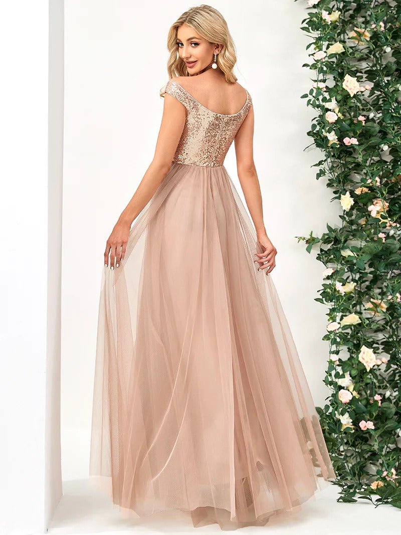 High Waist Tulle & Sequin Sleeveless Evening Dress - CALABRO®