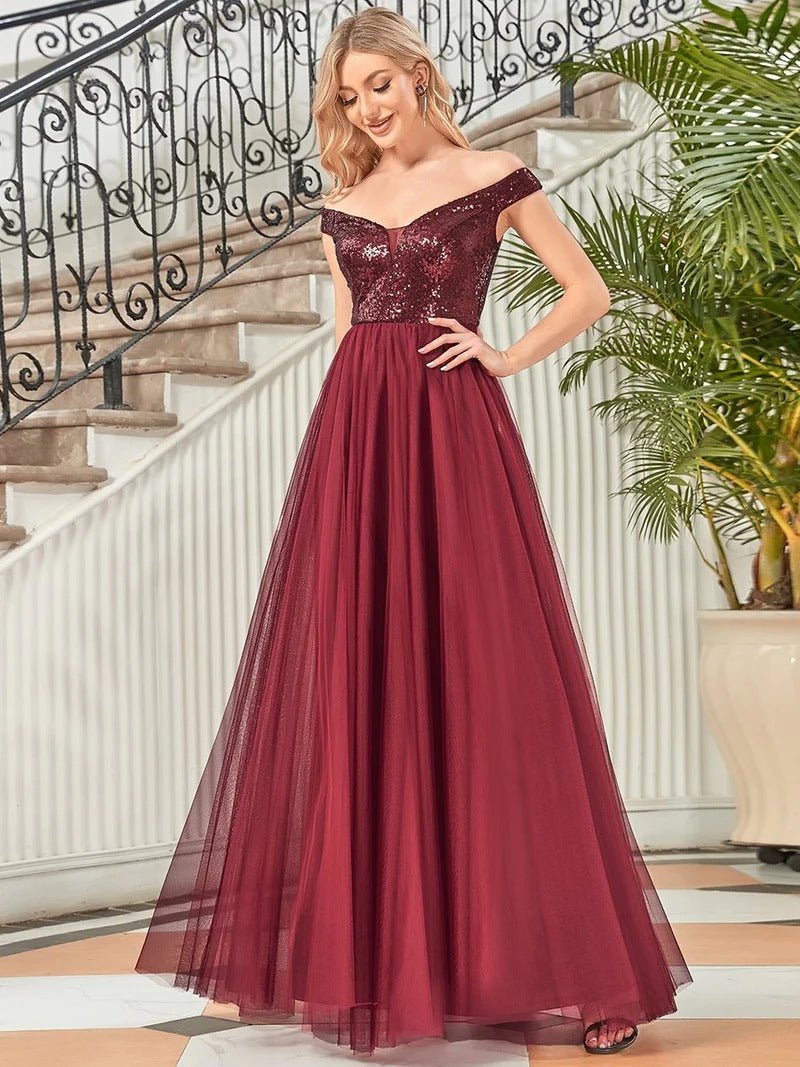 High Waist Tulle & Sequin Sleeveless Evening Dress - CALABRO®