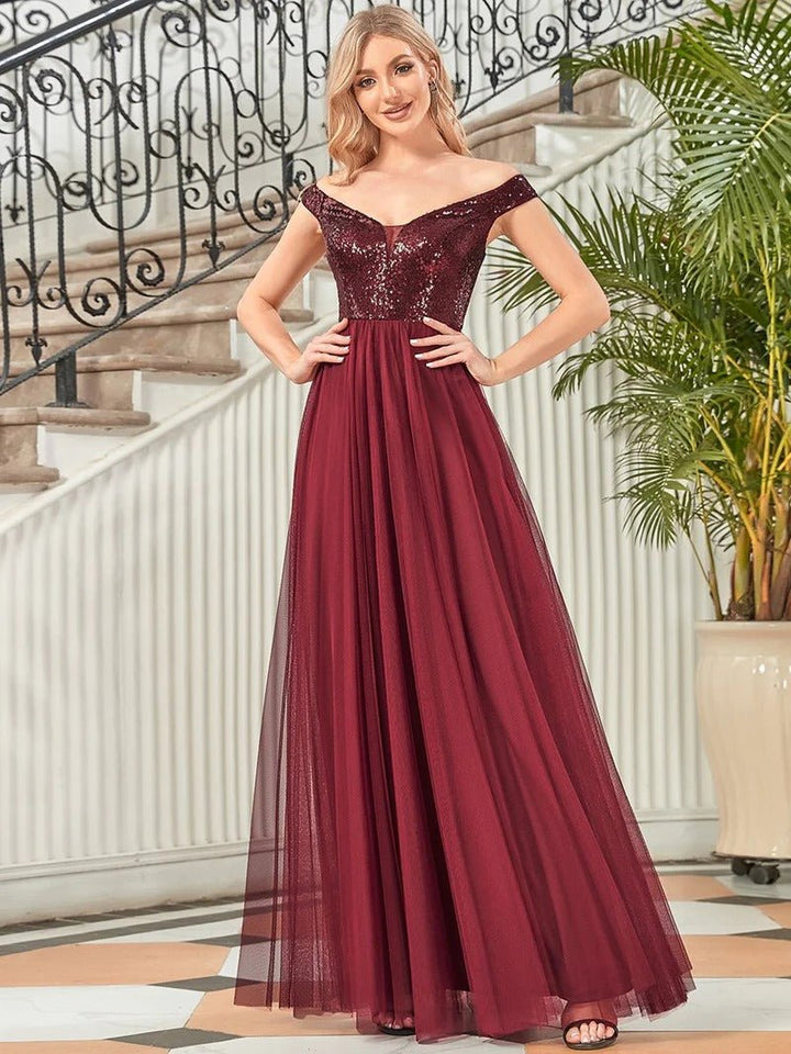 High Waist Tulle & Sequin Sleeveless Evening Dress - CALABRO®