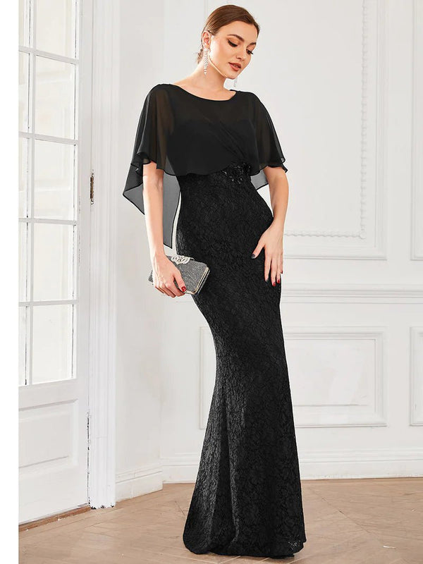 Lace Beading Detail Chiffon Cape Mother of the Bride Dress