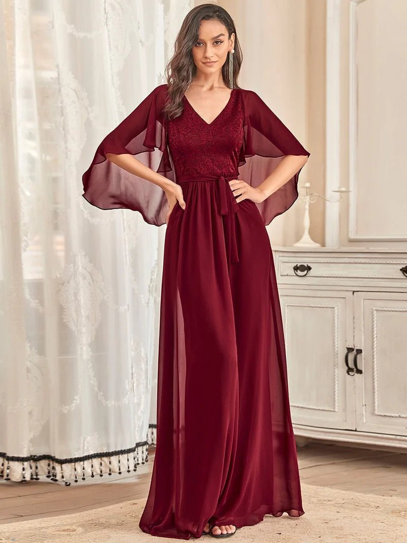 Lace Top Flowy Cape Evening Dress - CALABRO®