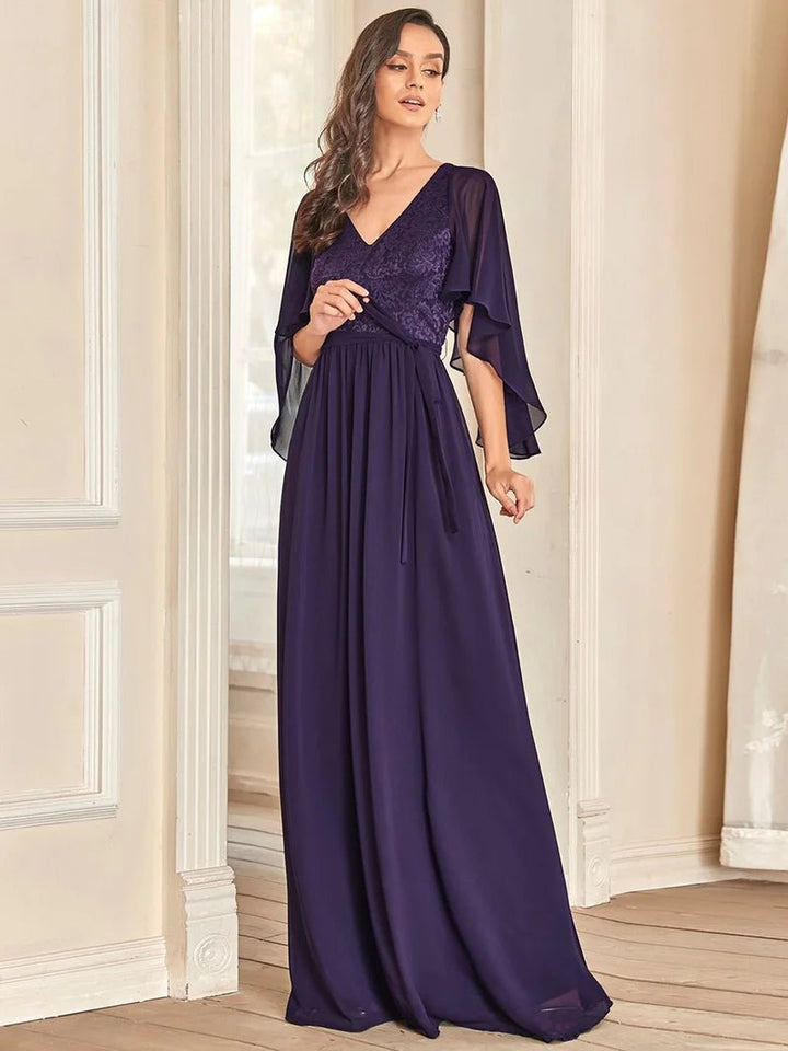 Lace Top Flowy Cape Evening Dress - CALABRO®